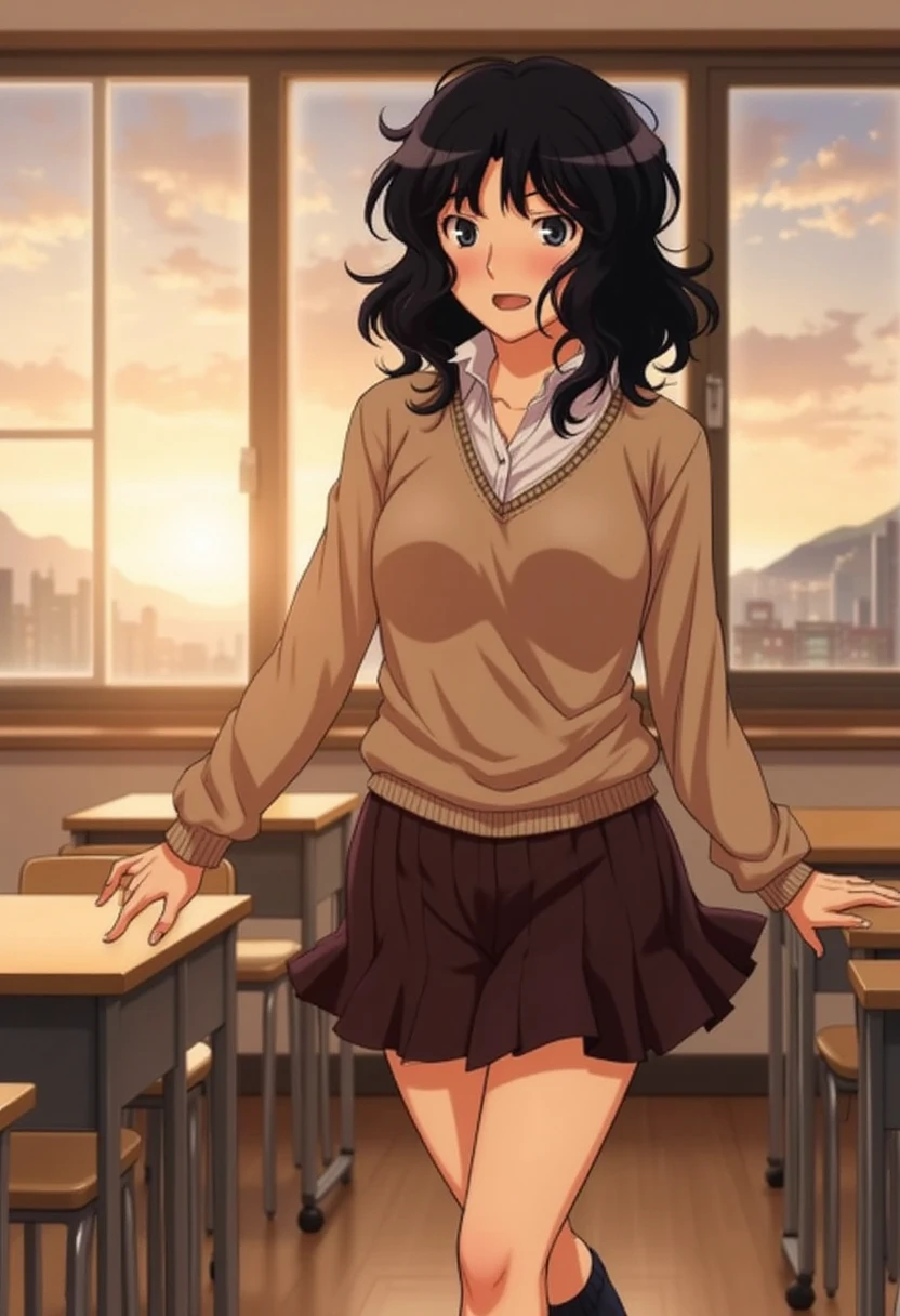 Kaoru Tanamachi(1:2), Ultra detailed face, Attention to detail, (Beautiful belly:1.1), (The belly is visible:1.2), ( beige knitwear style uniform showing belly:1.1), (Dark Brown Skirt:1.1), (Tuck up your clothes:1.1), Japanese High School Uniform, Famous Tokyo Metropolitan High School Uniforms,  Knee-High Socks , Perfect Legs,  mischievous smile,Evening Classroom, sunset, Walking next to me, White slippers, NSFW