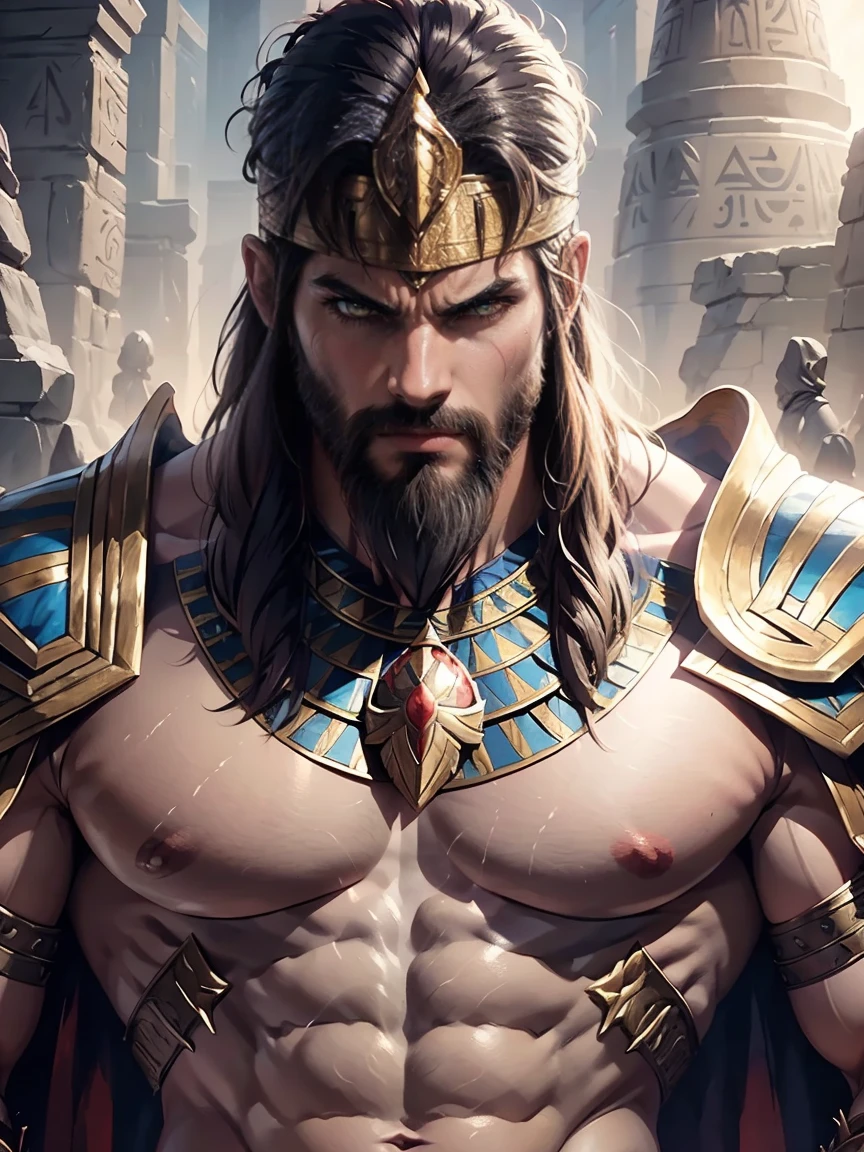 A very tall Muscular male Pharaoh, Massive Elegant powerful pharaoh crown, powerful appearance, big pecs, big abs, hairy, golden eyes, lebanese, egyptian, short hair, Wearing gold jewelry, giant ancient desert kingdom background, in desert, very veiny arms, massive humungous veiny penis, massive nipples, lots of chest hair, lots of pubic hair, Detailed face.