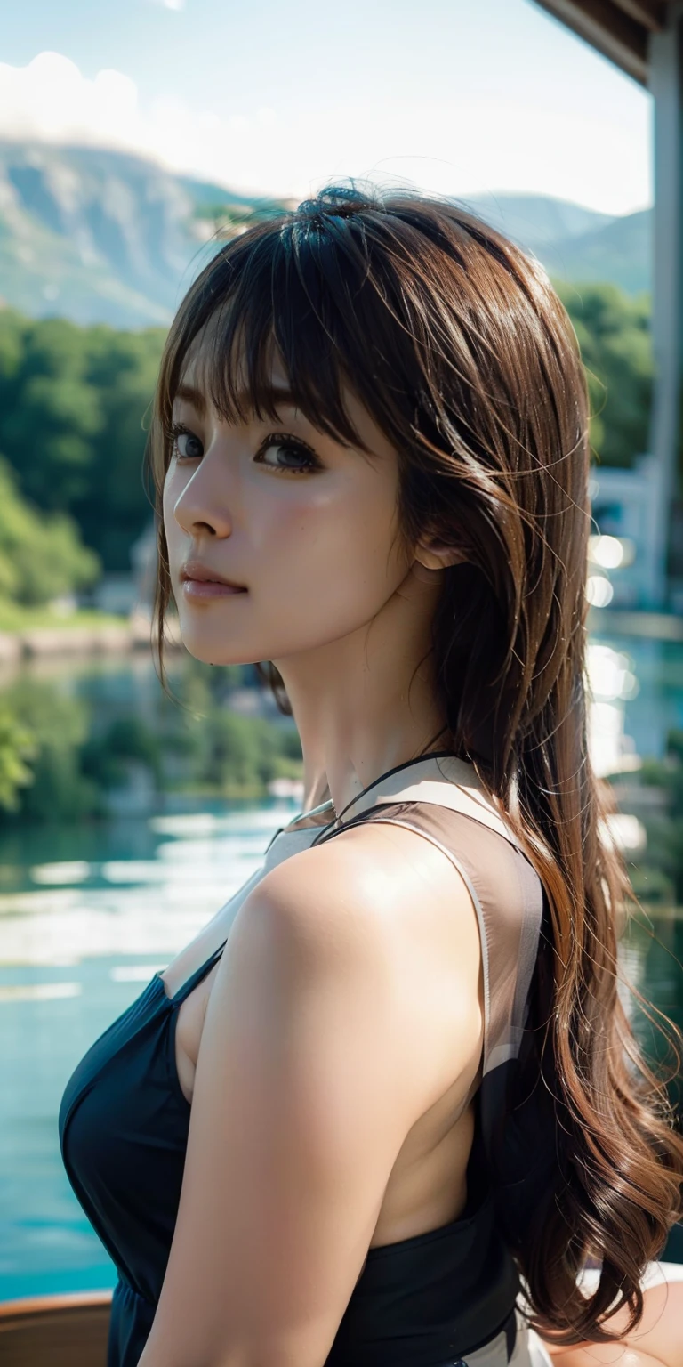 masterpiece, beautiful girl, Beautiful Eyes, Good Eyes, Highest quality, Hyper HD, (Realistic: 1.4), Cinema Lighting, Asian Beauty, China,軽量生地のChina人女性(((Summer Slip Dress))),Brunette Hair,(big:1.27),Huge areola,(Nipple slip)))),(areola is fluffy)),(Round 1)))),Put your arms behind your back, so beautiful, Beautiful Skin, slim, Body facing forward, (ultra photoRealisticim), (High resolution), (8k), (Very detailed), (Best illustrations), (美しくてBeautiful Eyes), (Very detailedな), (wallpaper), Detailed face,Next door mature sisters, Bright lighting, Professional Lighting, Looking at the audience, Look straight ahead, Dress neatly,Shift dress,Long white hair,Brunette Hair,Clasp your hands behind your back,relaxed,46 point diagonal bangs,With an embarrassed face,Beach Walk,Waves crashing on the beach,A gentle breeze blows,blue skyと白い雲と,blue sky,