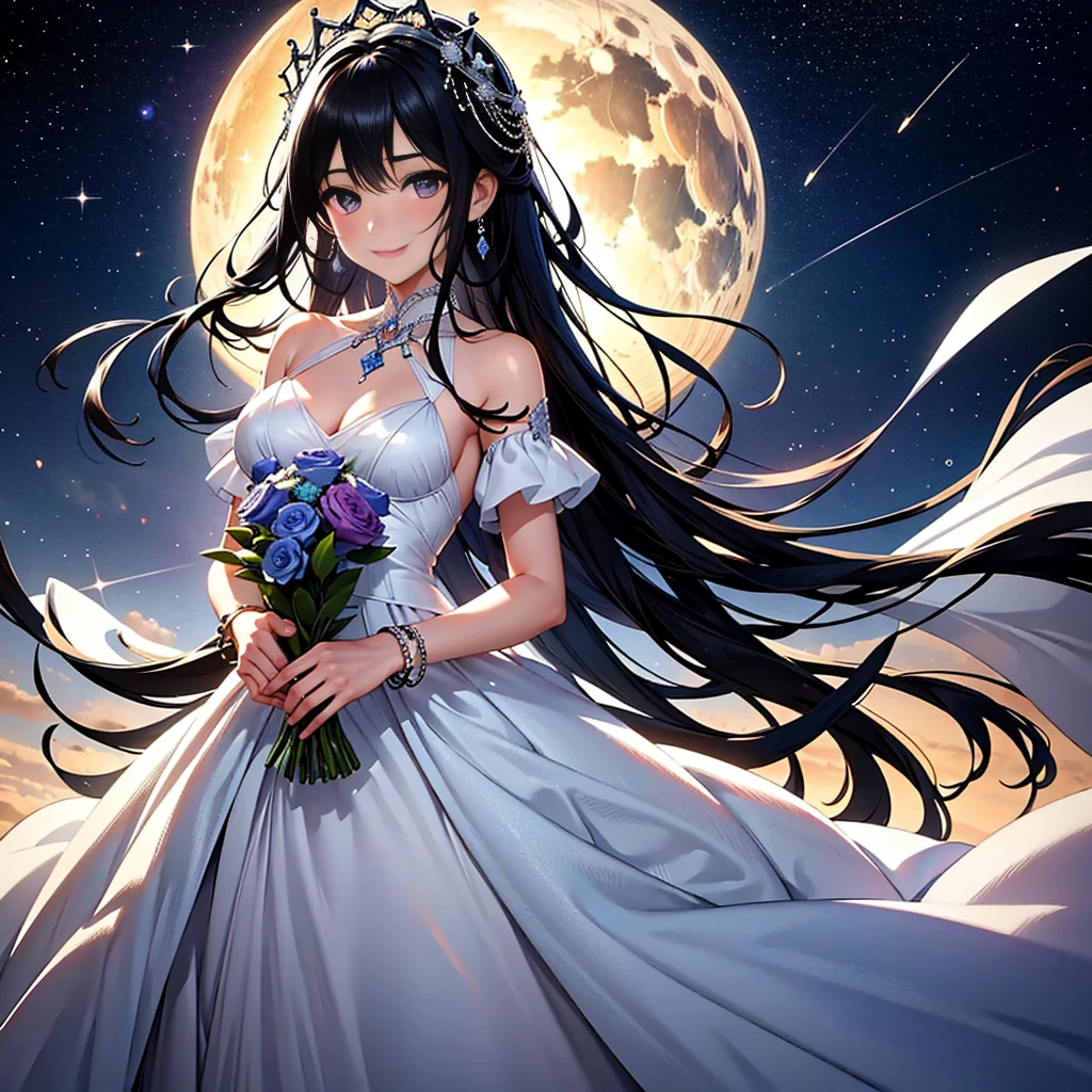 "A slender woman with long, flowing black hair, standing at 160 cm tall, weighing 45 kg, with a petite chest. Her eyes are a soft, pale blue, giving her a mysterious and ethereal aura. She is wearing a white long dress, with a bouquet placed on her head and a thin bracelet adorning her arm. The image captures her from behind, as she turns around with a warm, cheerful smile. The background is a fantastical starry sky, filled with soft blues, purples, and silvery tones, enhancing the dreamlike atmosphere. The image is rendered in ultra-high quality, capturing every fine detail with stunning clarity."