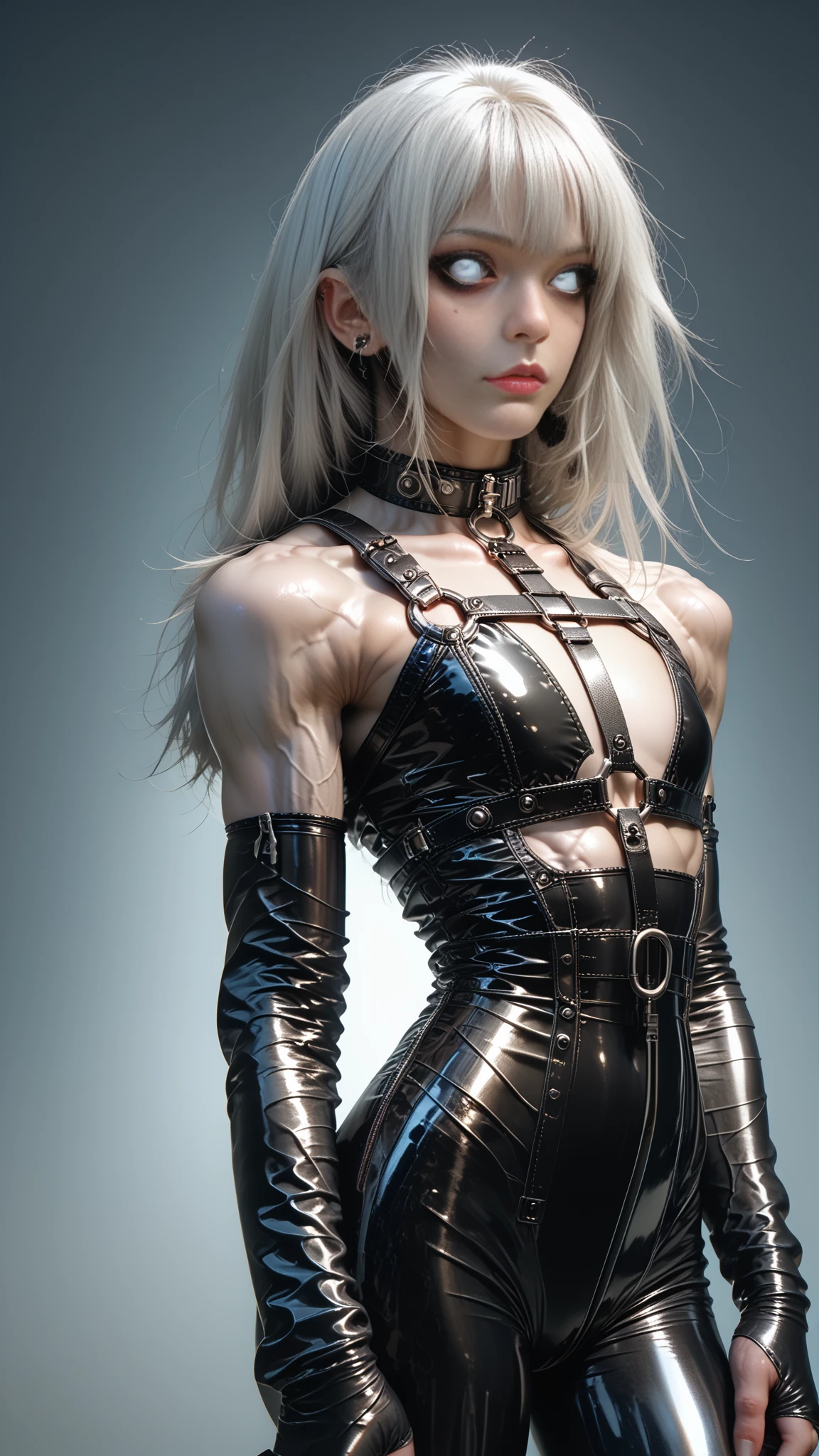 score_9, score_8_up, score_7_up, photo, photorealistic, Gorgeous sexy muscular (skinny) Lady Death, (white eyes, white sclera:1.25), (latex body harness:1.5), thigh high boots, goth makeup, (masculine muscular physique:1.5), long white hair, (veiny muscles:1.5), flat chest, (Wide chest & shoulders:1.5), (skinny legs:0.6), sinozick style, skindentation, 