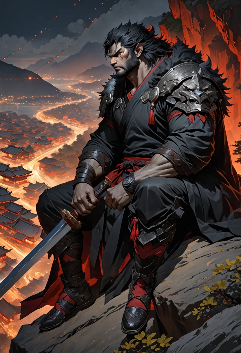 (masterpiece)，( is very detailed )，( best quality)，hairy，Werewolf，8K， Strong Eight Pack Abs，Black hair，(High quality)，(超HD)， Lone Wolves and Orcs   , (black battle robe),Holding a long sword,   firm attitude   ,   sitting on a cliff    ,(  background is a bright city ),heroic,完美的masterpiece,Various facial details,Long-distance perspective,Specific description,  ,whole body,( Crimson Comprehensive Battle Shoes ),(Chang Ling),((middle aged)),(Face Focus),(16K),HD,temple,(Black robe),(  Sitting on the edge of a cliff ，  Watch thousands of lights   )