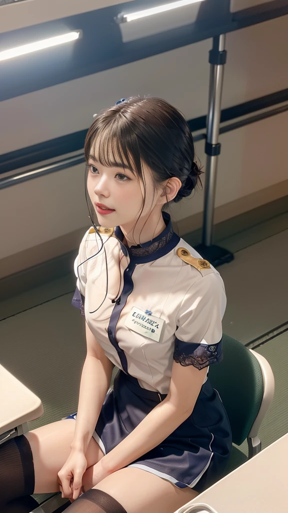 Everyday Scenes、   cowboy shot 、(hospital:1.5)、Female nurse、A modest smile 、(Small breasted women、Small breasts)、(24 years old)、((  super tight uniform  ))、   in trendy light colored uniforms 、 You'll be thrilled and take your breath away 、Nurse shoes、Name tag on chest、Stethoscope from the neck、(  Black Hair  )、 best quality、  super high definition 、(Realistic:1.85)、Beautiful Japanese Eyes、 super beauty、   perfect style  、 perfect balance 、Detailed skin、((Delicate photo))，(  detailed raw photos of girls  ), (  cowboy shot:1.5), ( best quality:1.6), (  super high definition :1.5), (Realistic:1.75), 8k resolution, Canon EOS R5, 50mm,   absurd,   very detailed,Cinema Lighting、Erect nipples、 Beautiful little cracks、 exhaling with excitement 、(   sit with legs open  )、  Knee-High Socks  、 lace panties walking through the waiting room、