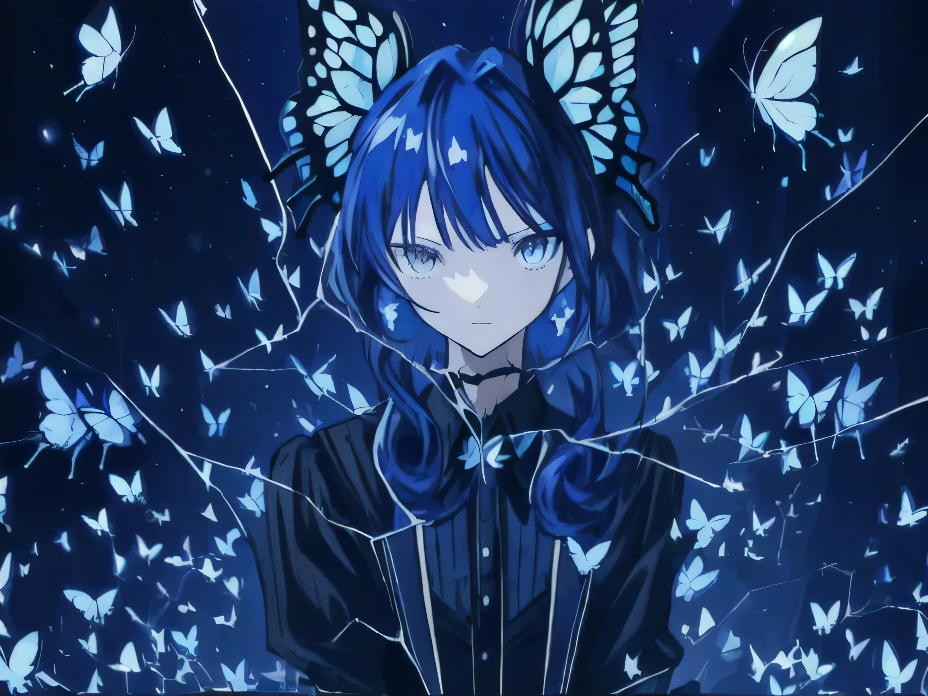 anime girl, shattered glass, shattered screen, upper body only, she's looking at the viewer, butterfly hair ornament, blue butterfly, butterfly themed, colourful hair, dark blue night sky, starry night, shooting star, desktop background, female in black shirt, formal attire, formal suit, girl, female