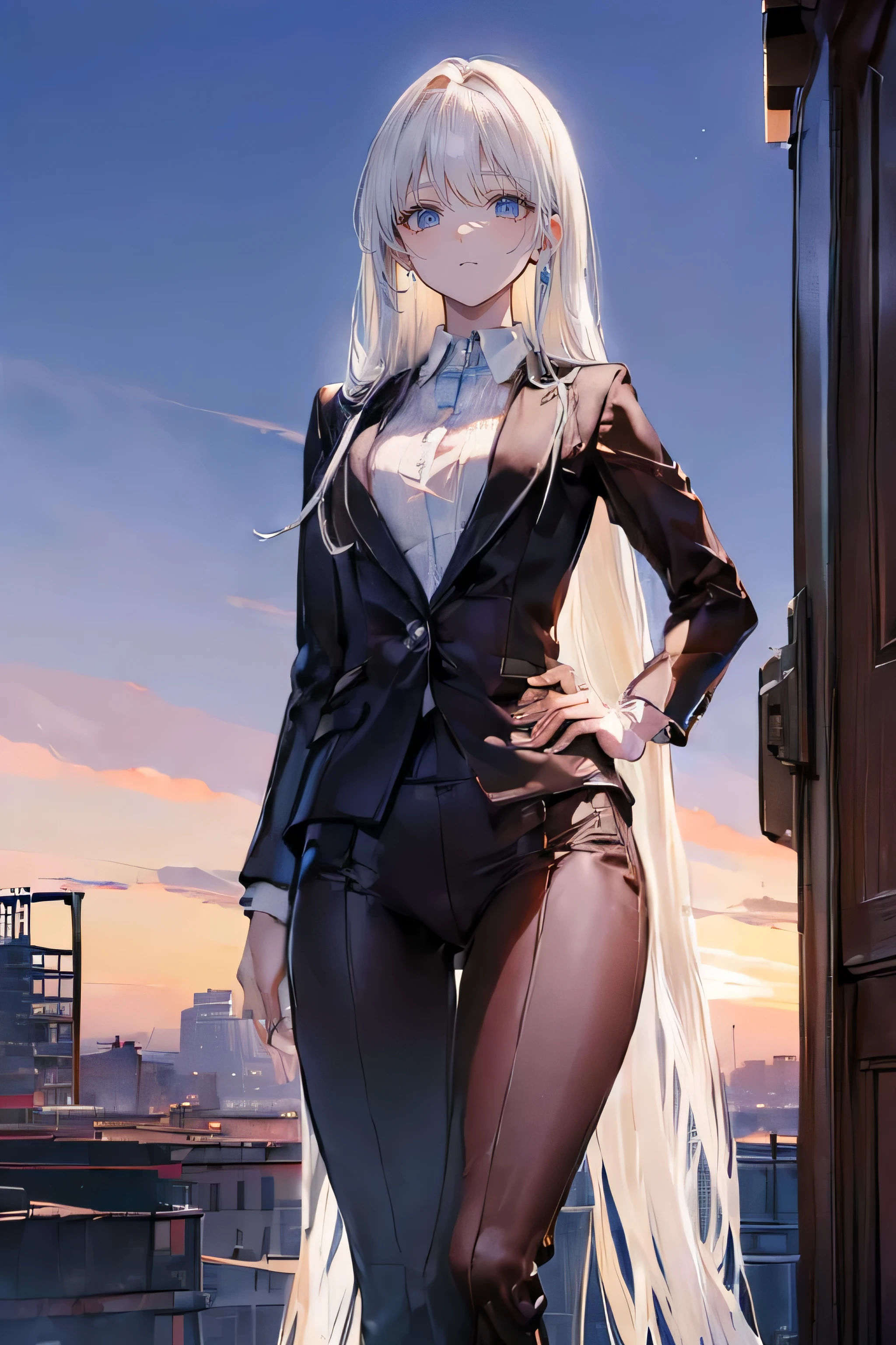 Best Quality, masutepiece, Beautiful, Sexy, tall, Elegant, Mature, Cool, Edgy woman in formal shirt and formal black pants, cleavage, Night time, On the rooftop, dystopian