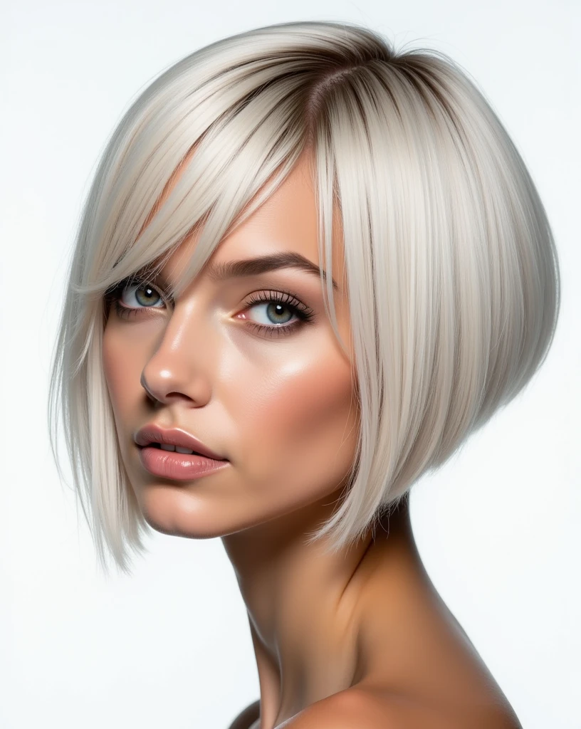 Close-up portrait of a young woman with a striking asymmetrical haircut:

Style: Dramatically asymmetrical bob
Length: Very short pixie cut on the left side, gradually transitioning to shoulder-length on the right side
Left side: Closely cropped, almost buzzed, revealing the scalp
Right side: Longer strands falling just past the shoulder, textured and piece-y
Top: Longer layers swept dramatically to the right, creating a bold, sweeping fringe
Color: Uniform platinum blonde throughout, cool-toned and highly reflective
Texture: Sleek and straight, with a glass-like shine
Styling: Hair styled to emphasize the contrast between the short and long sides
Part: Deep side part on the left, accentuating the asymmetry
View: Three-quarter angle, clearly showcasing the dramatic difference between sides
Expression: Confident and edgy, with a slight smirk
Makeup: Minimalist, focusing on glowing skin and subtle eye emphasis
Lighting: High-key lighting to accentuate the platinum color and the cut's sharp lines
Background: Clean, white studio background

Image style: High-fashion editorial, ultra-sharp focus, hyper-realistic detail