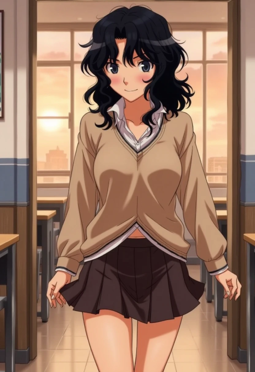 Kaoru Tanamachi(1:2), Ultra detailed face, Attention to detail, (Beautiful belly:1.1), (The belly is visible:1.2), (Beige knitwear style uniform:1.1), (Dark Brown Skirt:1.1), (Rolling up clothes:1.1), Japanese High School Uniform, Famous Tokyo Metropolitan High School Uniforms,  Knee-High Socks , Perfect Legs,  mischievous smile,Evening Classroom, sunset, Walking next to me, White slippers, NSFW