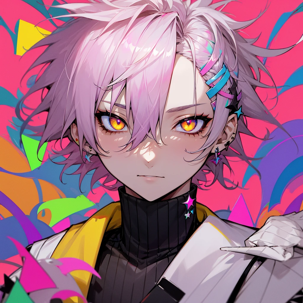 Coral hair, spiked hair, ponytail, half up half down hair, pale skin, yellow eyes with rainbow stars, star shaped pupils, rainbow pupils, rainbow streams in hair, neon pink sleeveless turtleneck, anime, male, boy, guy, attractive, bandages, bandaids, dark circles under eyes, tired, hair clips, decora kei, hairpins, stickers on face.