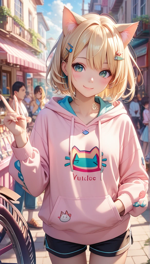 (masterpiece), ( HIGHEST QUALITY ), (illustration), ( looks super detailed ), ( high res ), absurd, A girl, (Mirror Sound Wheel), (Voice Actor), Smile, Short hair, Hairpin, (Cat ears hoodie), Wear a hoodie, Cute sleeves, blush,  Black Shorts , ( blonde ), (I have a tattoo number 02 on my left arm),  very cute girl , Small, Young, Beautiful, Outdoors, Focus on girls