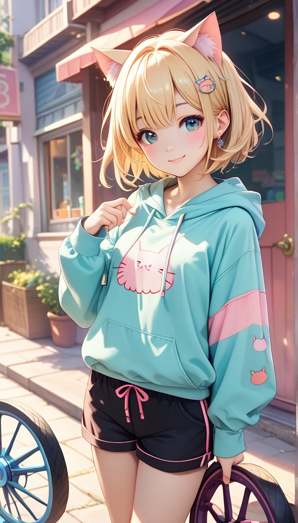 (masterpiece), ( HIGHEST QUALITY ), (illustration), ( looks super detailed ), ( high res ), absurd, A girl, (Mirror Sound Wheel), (Voice Actor), Smile, Short hair, Hairpin, (Cat ears hoodie), Wear a hoodie, Cute sleeves, blush,  Black Shorts , ( blonde ), (I have a tattoo number 02 on my left arm),  very cute girl , Small, Young, Beautiful, Outdoors, Focus on girls