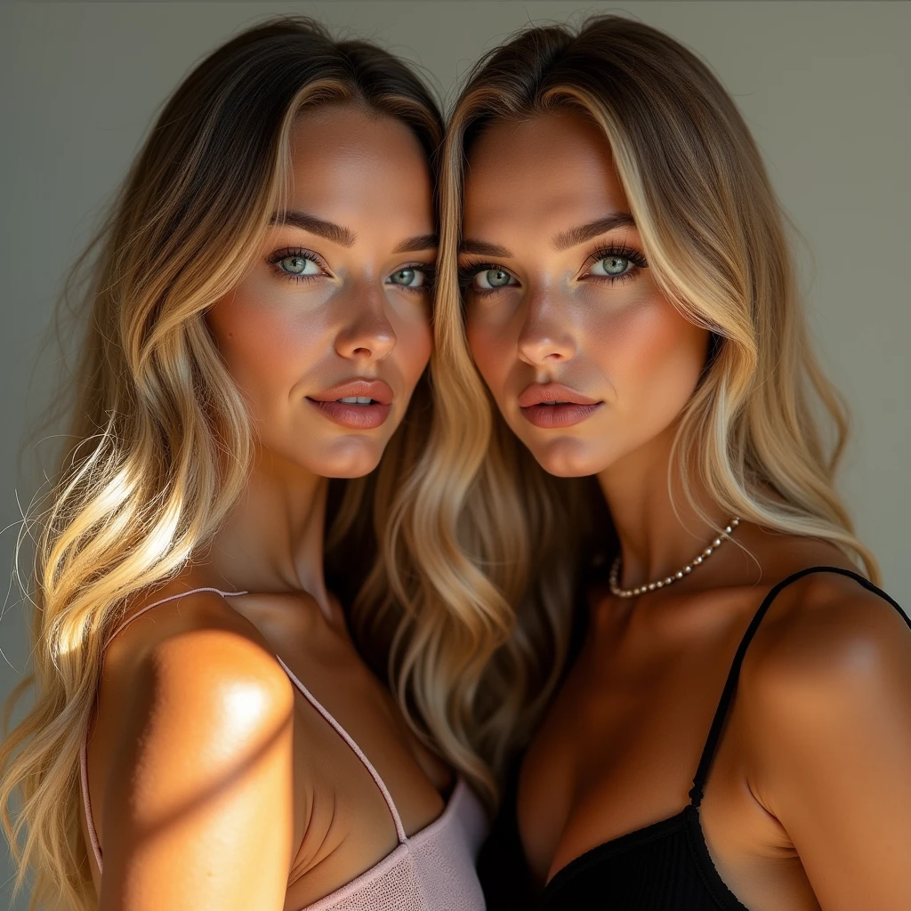 beautiful blonde woman blue eyes sexy , Very pretty with her sexy twin sister, taking a selfie