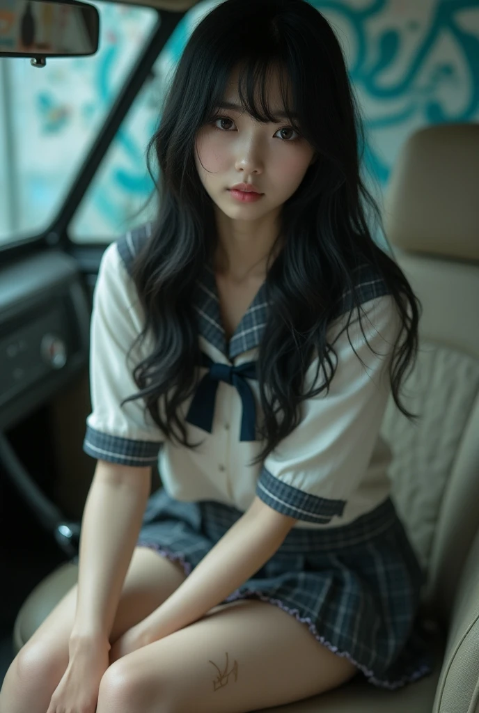Best quality, 超高分辨率, (realistically:1.4), A woman with long black hair and a gray sweater, In the car,mid view, JK school uniform,under a ray of sunshine,She has black hair,through bangs, young lovely Korean faces, Cute Korean face, Urzans, Shin Jinying, beautiful aesthetic face, Korean facial features, Played by Liu Li Zhien ,beautiful realistic face