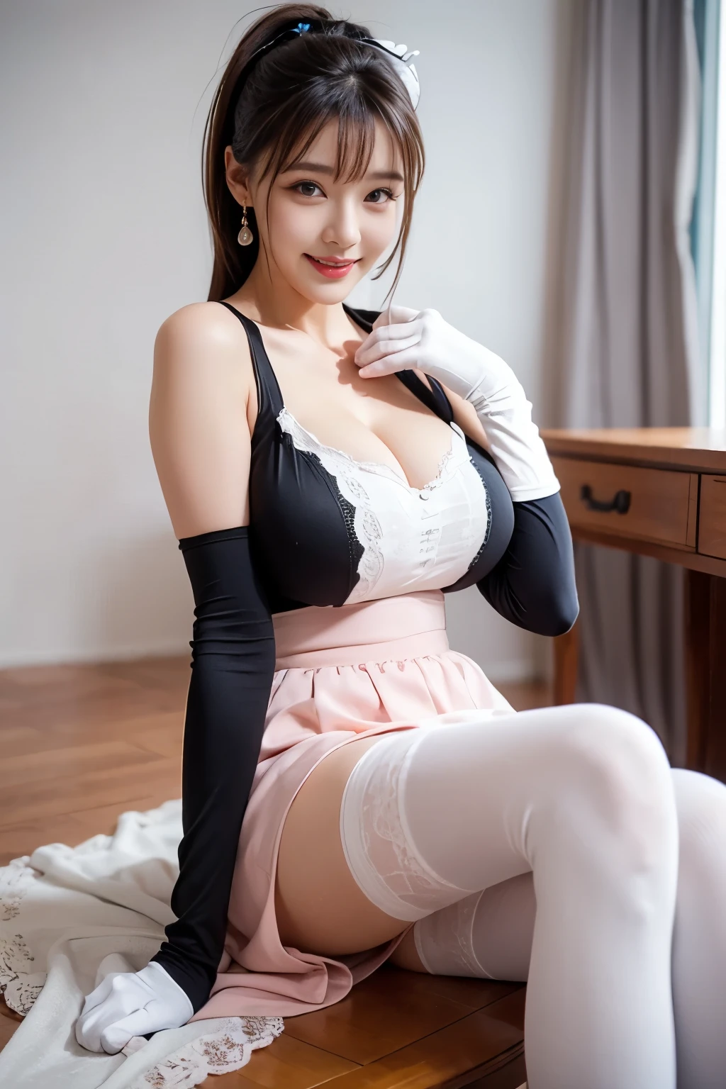 Wearing the cutest French maid in the world,Z Cup Big,Gravure model attire, (1girl in:1.3)、photos realistic、Photorealsitic:1.4 Official art、ultra-detailliert、Beautiful and aesthetic、Beautiful fece、​masterpiece、top-quality、sitted、Spread your legs、Colossal tits、(barechested)、The cutest maid choker in the world、The cutest gloves in the world、Beautiful skin、The cutest earrings in the world、Cute smile、At the cutest café in the world、The world's cutest gravure idol pose、The world's most glamorous body