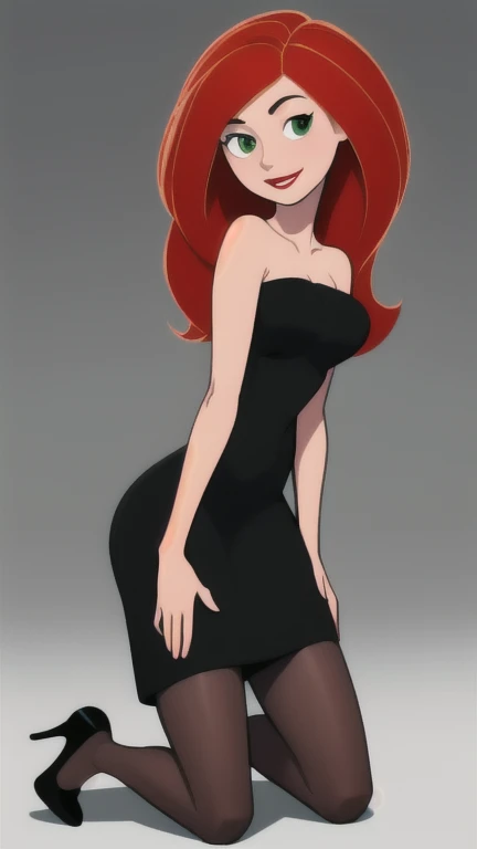 (masterpiece, best quality:1.3), 1girl, looking at viewer, Mary Jane Watson, red lips, upper body, collarbone, bare shoulders, blush, colored skin, Red hair, long hair, absurdly long hair, green eyes, big breasts, (skindentation:1.2), short strapless black dress, (black dress:1.2), pantyhose, red high heels, (high heels:1.2), smile, (((arms behind back))), full body in view, (((shoes in view))), ((((kneels))))