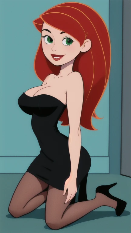 (masterpiece, best quality:1.3), 1girl, looking at viewer, Mary Jane Watson, red lips, upper body, collarbone, bare shoulders, blush, colored skin, Red hair, long hair, absurdly long hair, green eyes, big breasts, (skindentation:1.2), short strapless black dress, (black dress:1.2), pantyhose, red high heels, (high heels:1.2), smile, (((arms behind back))), full body in view, (((shoes in view))), ((((kneels))))