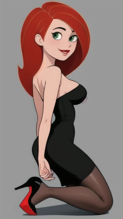 (masterpiece, best quality:1.3), 1girl, looking at viewer, Mary Jane Watson, red lips, upper body, collarbone, bare shoulders, blush, colored skin, Red hair, long hair, absurdly long hair, green eyes, big breasts, (skindentation:1.2), short strapless black dress, (black dress:1.2), pantyhose, red high heels, (high heels:1.2), smile, (((arms behind back))), full body in view, (((shoes in view))), ((((kneels))))