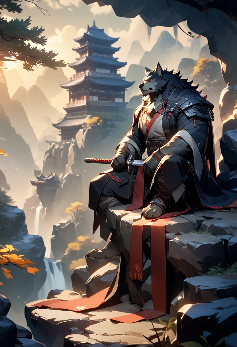 (masterpiece)，( is very detailed )，( best quality)，hairy，Werewolf，8K， Strong Eight Pack Abs，Black hair，(High quality)，(超HD)， Lone Wolves and Orcs   , (black battle robe),Holding a long sword,   firm attitude   ,   sitting on a cliff    ,(  background is a bright city ),heroic,完美的masterpiece,Various facial details,Long-distance perspective,Specific description,  ,whole body,(Red and red comprehensive Hanfu),(Chang Ling),((middle aged)),(Face Focus),(16K),HD,temple,(Black robe),(  Sitting on the edge of a cliff ，  Watch thousands of lights   )