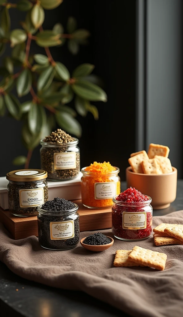  arranged caviar jars 、３０caviar in g 、５ different types of caviar bottles 、 sturgeon eggs 、cracker、ソルトcrackerの入った木の器、テーブルに置かれたキャビアとcracker