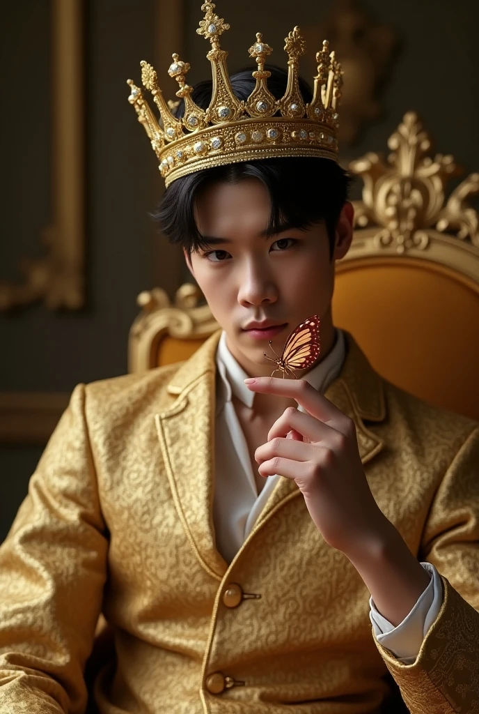 Ethereal handsome man with necklace reading VENUS, pink background and has a crown on his head wearing royal clothes