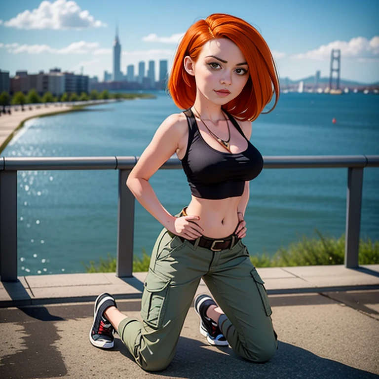 Masterpiece, best quality, detailed face, Kim Possible, black tank top, midriff, cleavage, posing, cargo pants, black shoes, red hair, looking at viewer, sexy smirk, perfect hands, in a city, (((arms behind back))), full body in view, (((shoes in view))), ((((kneels))))