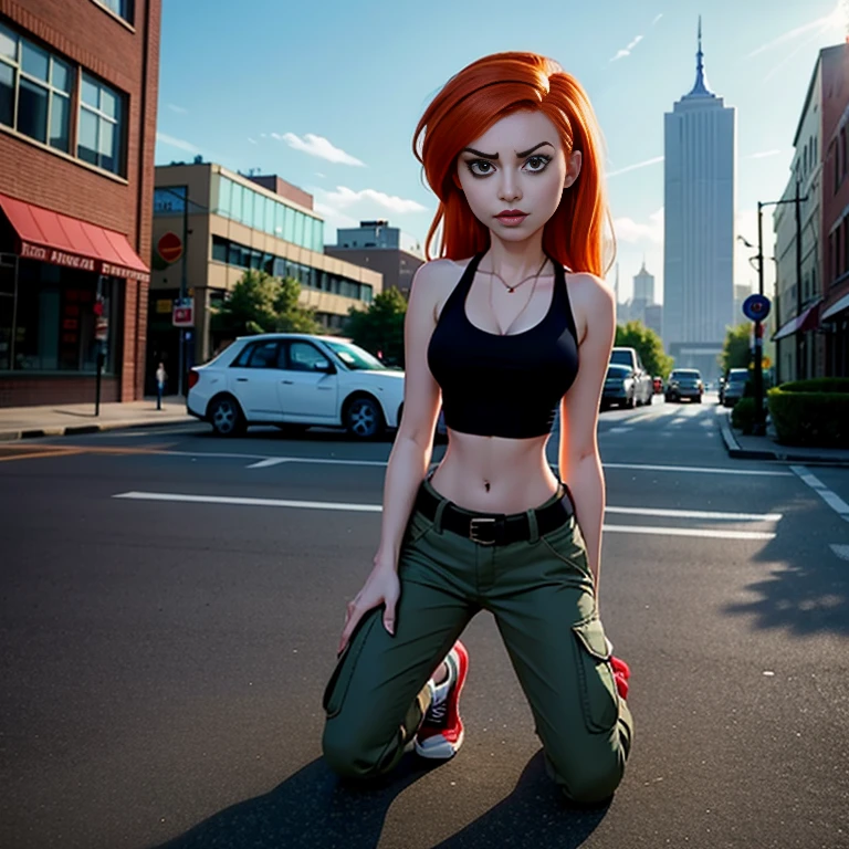 Masterpiece, best quality, detailed face, Kim Possible, black tank top, midriff, cleavage, posing, cargo pants, black shoes, red hair, looking at viewer, sexy smirk, perfect hands, in a city, (((arms behind back))), full body in view, (((shoes in view))), ((((kneels))))