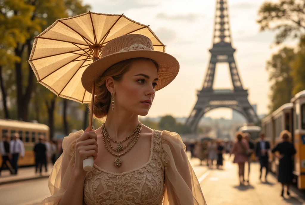 Beautiful elegant lady from the late 1800s in Paris at the Universal Exhibition, elegantly dressed in classy and expensive European fashion period clothes, hat and parasol. In the background the Eiffel Tower. Sunny spring day. Green tree-lined avenues along the Seine and old time trams along the streets. Warm and quiet atmosphere, pollen particles and dust make the setting magical and real. Very detailed and realistic photo.