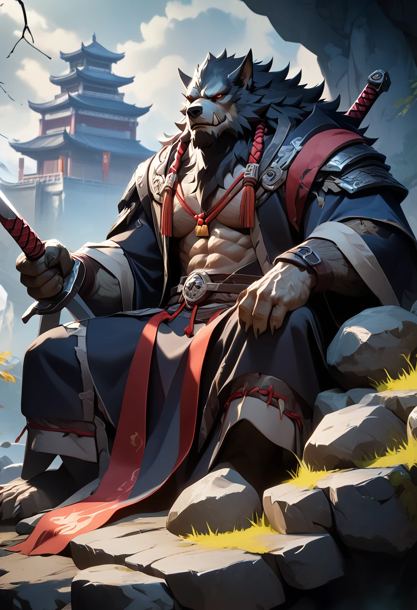 (masterpiece)，( is very detailed )，( best quality)，hairy，Werewolf，8K， Strong Eight Pack Abs，Black hair，(High quality)，(超HD)， Lone Wolves and Orcs   , (black battle robe),Holding a long sword,   firm attitude   ,   sitting on a cliff    ,(  background is a bright city ),heroic,完美的masterpiece,Various facial details,Long-distance perspective,Specific description,  ,whole body,(Red and red comprehensive Hanfu),(Chang Ling),((middle aged)),(Face Focus),(16K),HD,temple,(Black robe),(  Sitting on the edge of a cliff ，  Watch thousands of lights   )