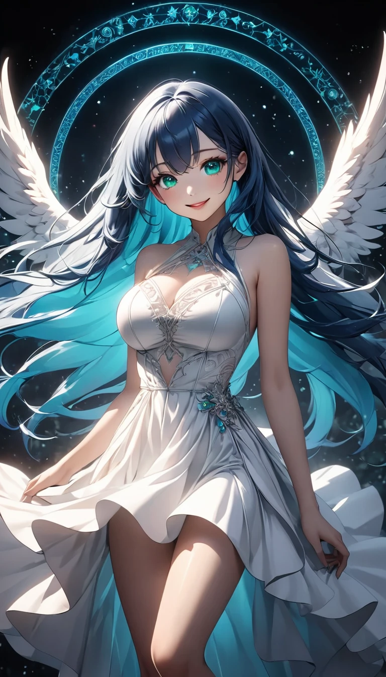 (photorealistic:1.4), (masterpiece, sidelighting, finely detailed beautiful eyes: 1.2), masterpiece*portrait, realistic, 3d face, glowing eyes, blue hair, lustrous skin, solo, wings, open clothes, (midriff), barcode. bottomless