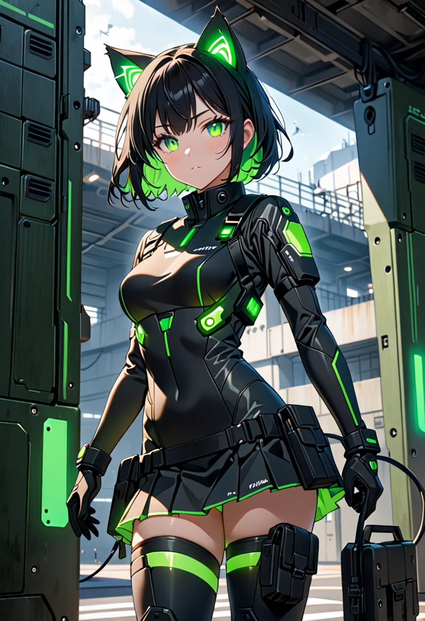 Black and green machina girl, large gauntlets, thunder, short black hair