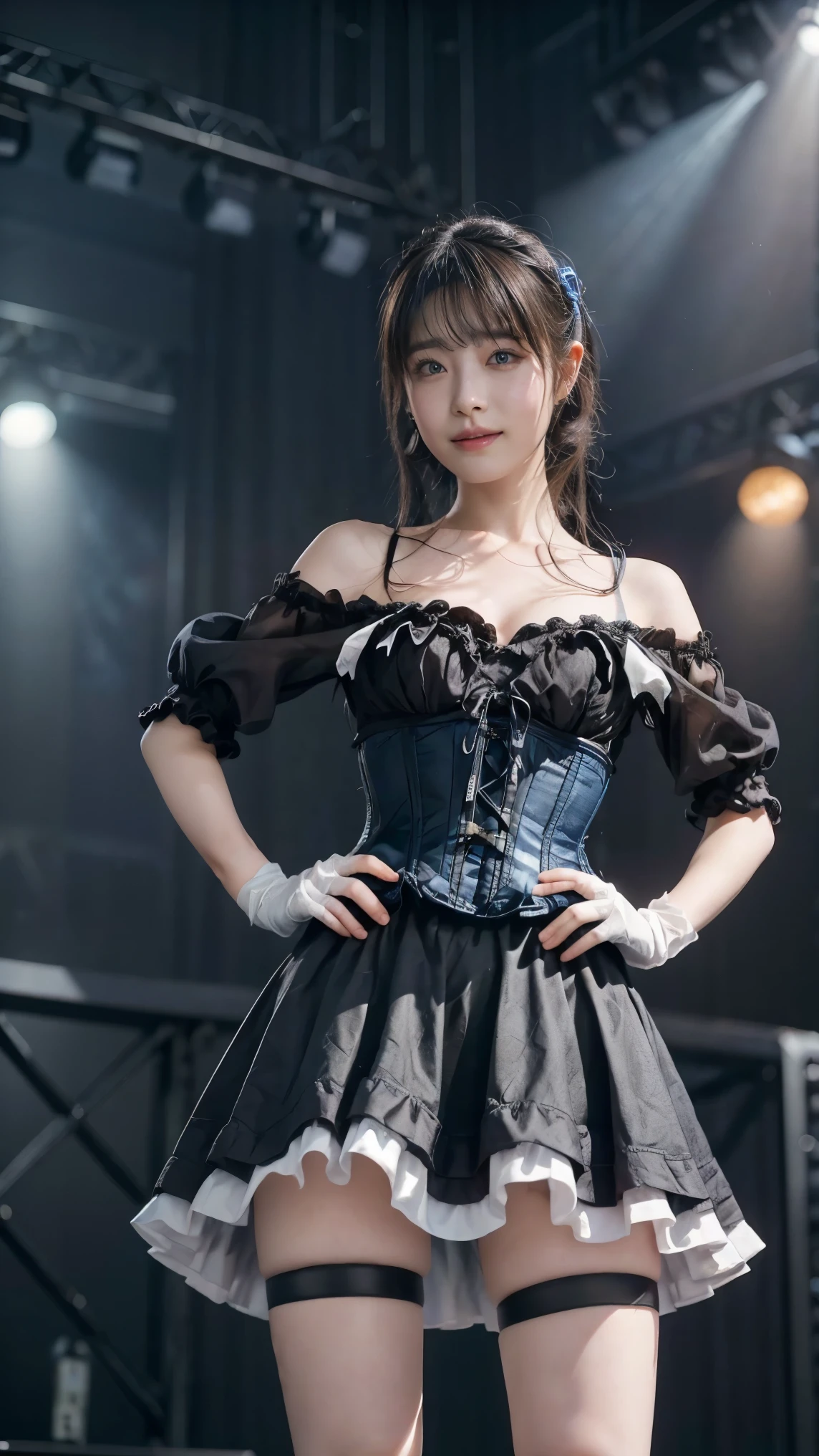 (8k、RAW Photos、Best Quality、masterpiece:1.2)、(Realistic、Realistic)、 1 girl、((Off the shoulder、Black and Blue、corset、 see-through 、 Miniskirt 、Large Breasts、smile、 medium hair 、 front view、stage、ribbon、 garter belt on the background stage、gloves、Cute Costumes、Wizard、Spotlight、 standing with hands on hips))、 full of eyelashes、Glowing eyelids、 is skeletal correct