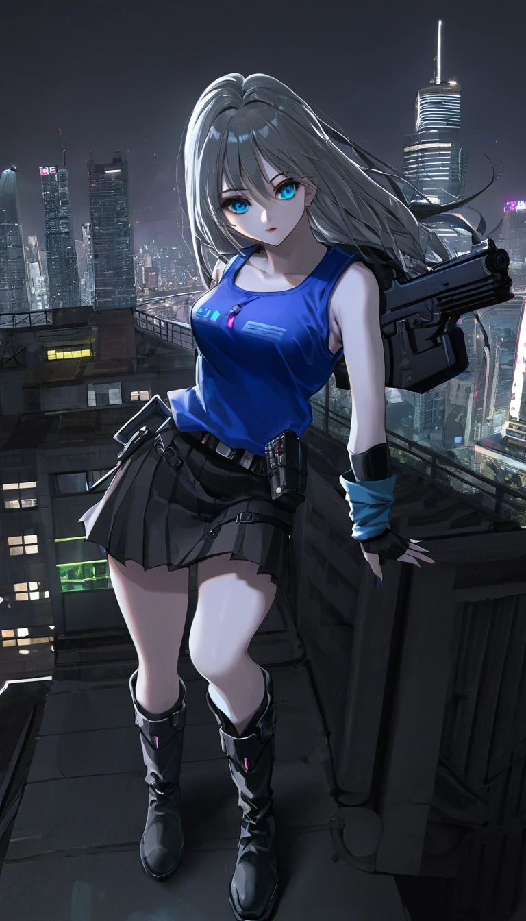 High resolution, masterpiece, high quality, one girl, blue tank top, detailed eyes, plump lips, cyberpunk neon style, gray skirt, combat boots, gun holster, against the background of a cyberpunk night city, finely drawn skin