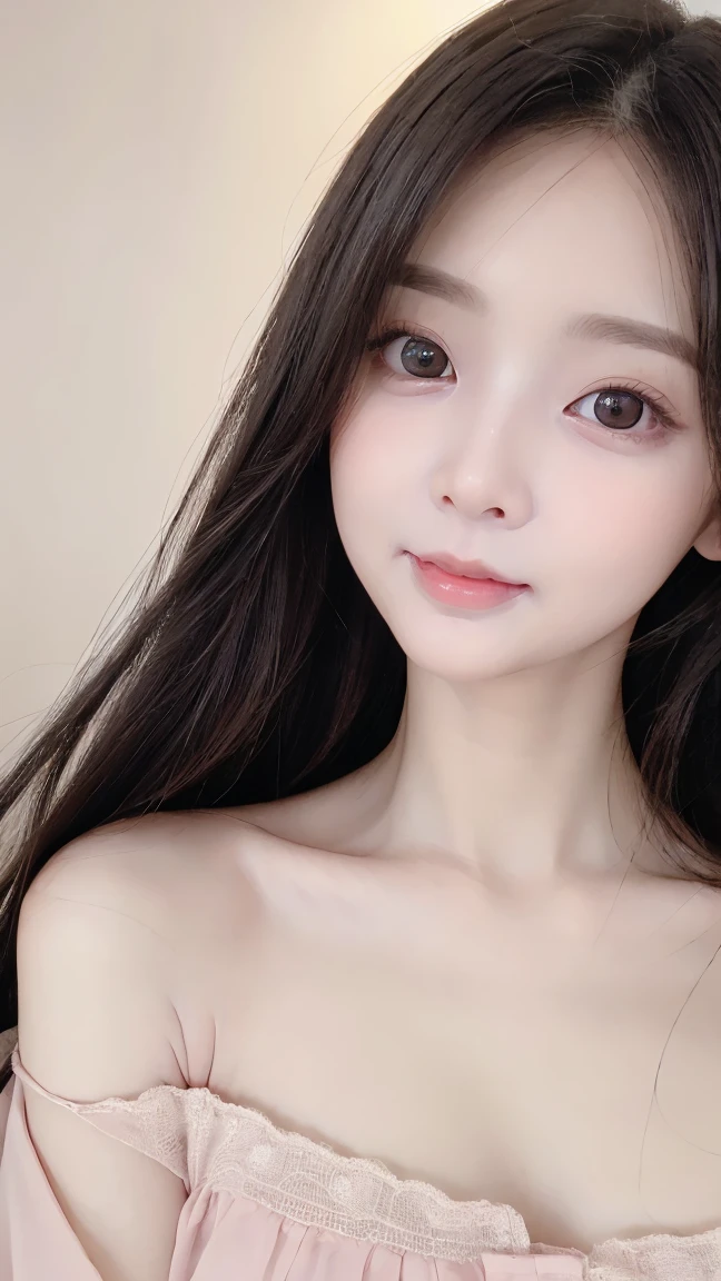 (baby face:1.8)、Selfie:1.5、Pink nightdress:1.5、(8k, RAW Photos, Best Quality, masterpiece:1.45), (Genuine, photoGenuineistic、photoGenuineistic:1.37), 一人のgirl、cute、darkness、Wet、 Professional Lighting、 photon mapping 、 Physically Based Rendering 、 Gradient Black Hair 、frizzy hair 、Good Looking、girl、 Best Quality photos, high res, (cute face), (Detailed description of the face)、(Detailed hand description), (masterpiece), (Detailed CG), Extreme light and darkness, masterpiece, Rich details, ( detailed facial features), (Best Qualityの紴), (masterpiece), ( beautiful eyes),  camera carrying the Matchlock gun, Thin clavicle, (Condescending smile)、Highly detailed face,Lip details,  beautiful eyes、double eyelid、韓国人のgirl:1.8、No makeup、Upper body image、black hair、Genuineの人間