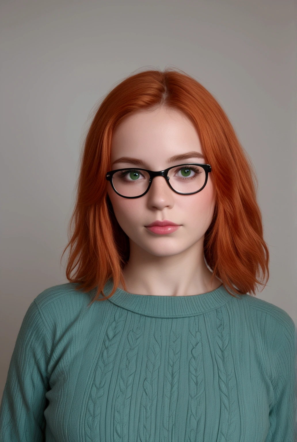 hyperrealistic image,  extremely detailed : A very young girl. (( is defined with great quality and realism . full hd, 8K, his eyes, Sus labios, Your nose,  the oval shape of her face ,  her eyebrows and eyelashes are incredibly detailed with extreme mastery.  The proportions of her body are perfect ,  follows the golden ratio ,  her medium size chest is perfect and has an incredible detail , her belly is flat ,  were also detailed with slightly marked abs ,  all the lines of the body are defined ,  she has a perfectly shaped waist and hips . (90-60-90). She is tall, ((Redhead)), ((glasses)),  has almost magical green eyes , detailed girl's face ,  detailed goddess body .  She wears salmon jeans and a blue wool sweater ,  her perfect figure can be sensed under her clothes .