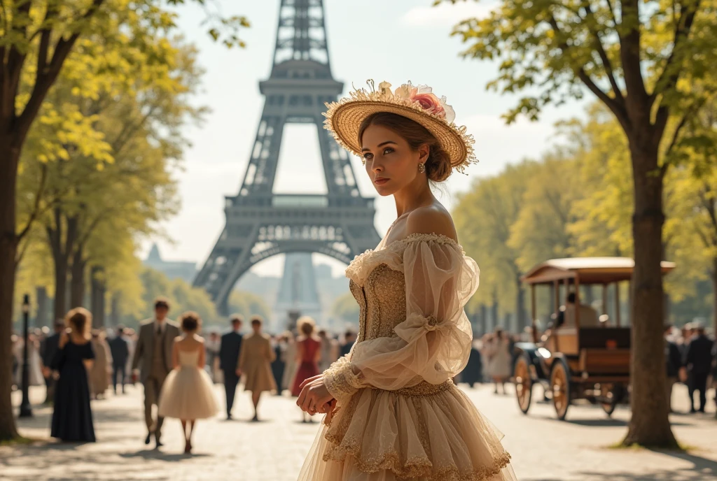 Beautiful elegant lady from the late 1800s in Paris at the Universal Exhibition, elegantly dressed in classy and expensive European fashion period clothes, hat and parasol. In the background the Eiffel Tower. Sunny spring day. Green tree-lined avenues along the Seine and old time horse-drawn carriages along the streets. People walking with late 19th century clothes. Warm and quiet atmosphere, pollen particles and dust make the setting magical and real. Very detailed and realistic full body shot.