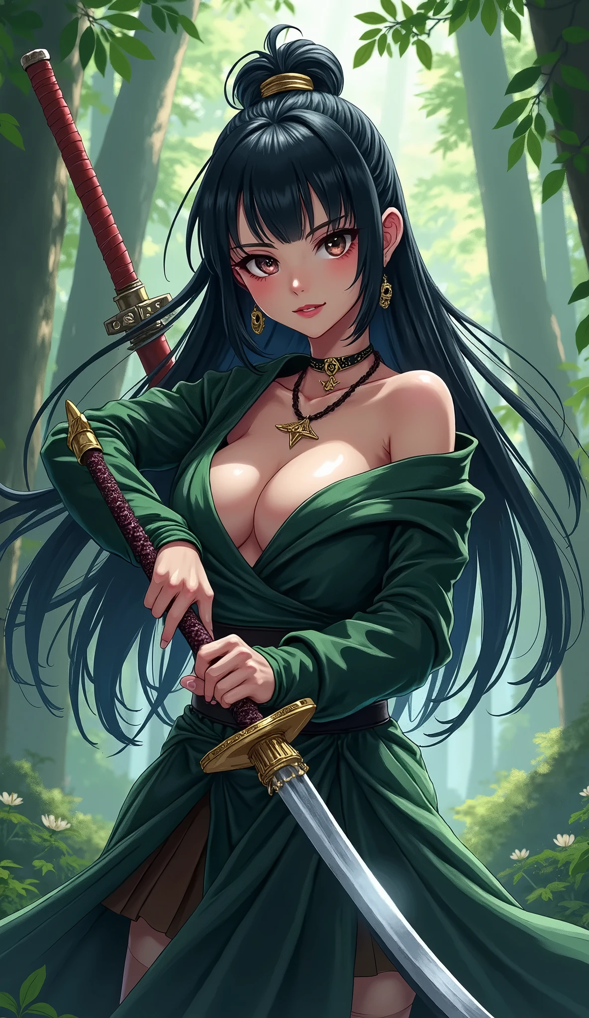 1girl, azumafubukilora, bamboo, bamboo_forest, bangs, black_hair, blue_eyes, blush, bra, braid, branch, breasts, cleavage, drawing_sword, earrings, hair_over_one_eye, holding, holding_sheath, holding_sword, holding_weapon, jewelry, katana, large_breasts, leaf, long_hair, long_sleeves, looking_at_viewer, mole, mole_on_breast, mole_under_eye, palm_leaf, palm_tree, parted_lips, plant, potted_plant, rain, scabbard, sheath, sheathed, solo, sword, tanabata, tanzaku, tree, unsheathing, upper_body, vines, water_drop, weapon, wet