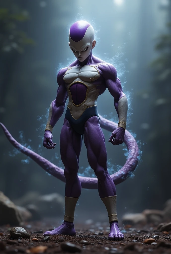 masterpiece, best quality, frieza, 1boy, clenched hands, earth \(planet\), full body, looking at viewer, male focus, tail, planet, red eyes, solo, space