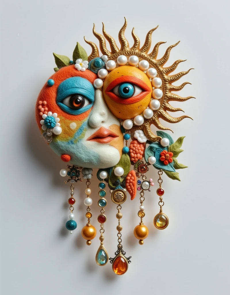 Product Design：middle Ages，Exquisite exaggerated brooches，baroque pearls and eye elements and gemstones，sun，moon，beeswax，amber，turquoise，coral，Felt，Retro， white background for the head only