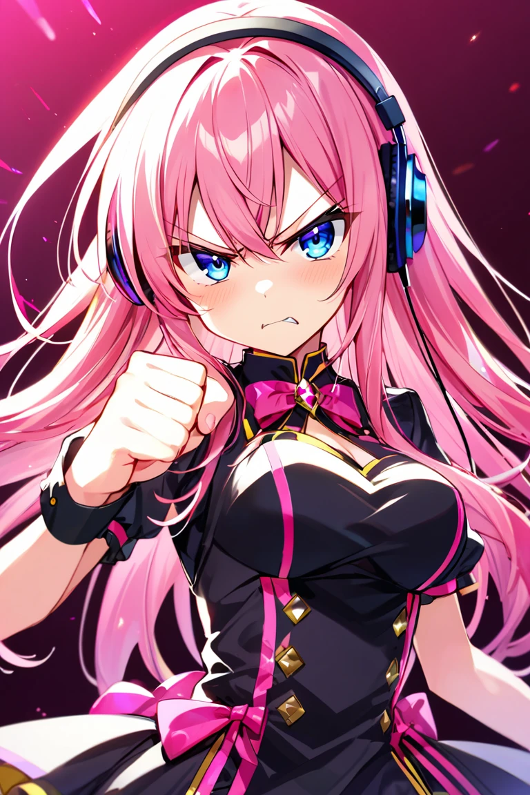 Megurine Luka, Megurine Luka in official costume, Extremely Angry Face, 1girl, pink hair, medium breast, angry, angry face, showing a closed fist at the viewer, closed fist red shiny background, blue eyes, headphone, look at the viewer, black dress