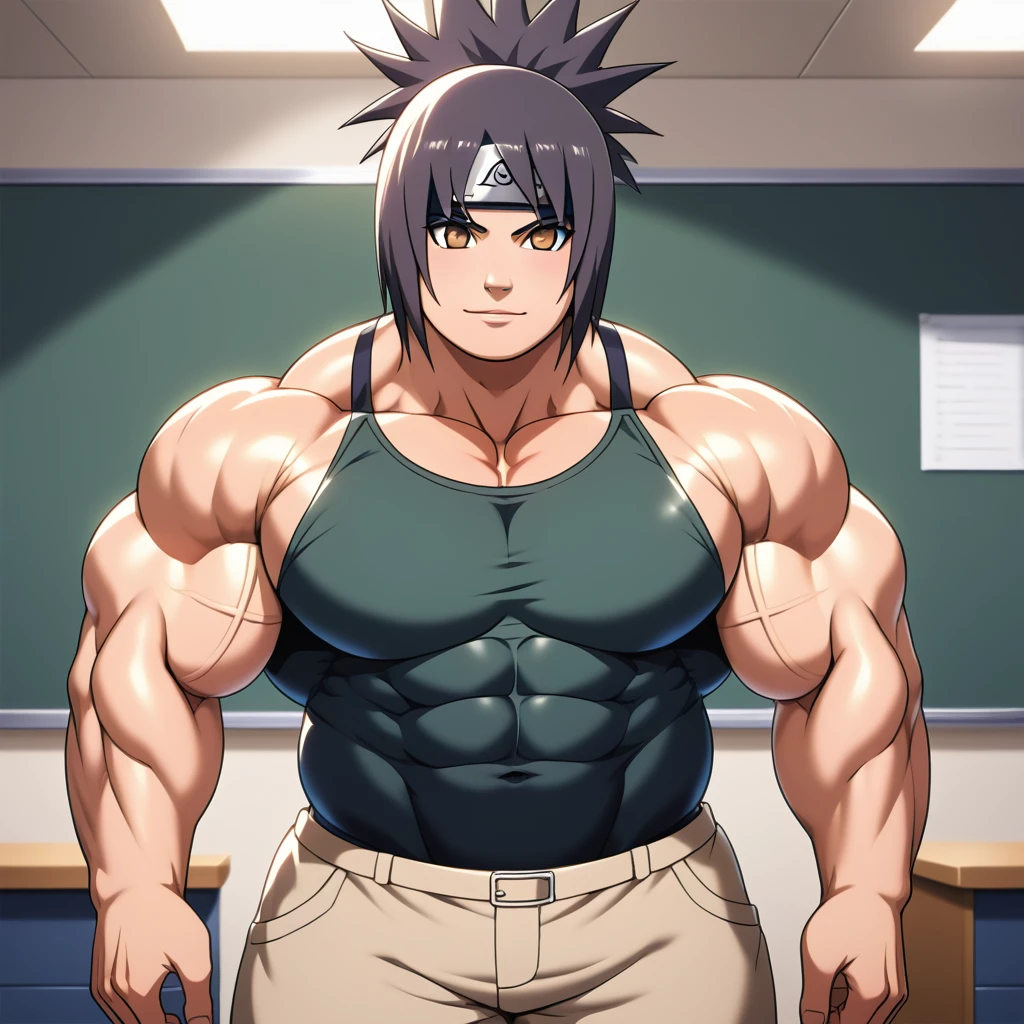 muscular girl, ((((huge)))) girl, (((((flat))))) chest,((((((wide)))))) shoulder, 1girl, ((((thick)))) neck, (((((wide))))) pecs, ((((muscular, muscle, big girl, fat, thick arms, (((large))) torso, pectorals, lat, ((((huge)))) hip)))), straight waist, upper body, anime, japanese anime, japanese animation, naruto, mitarashi anko, mitanko, folded ponytail, black hair, brown eyes, detailed eyes, detailed mouth, detailed face, detailed faceline, best quality, masterpiece, intricate details, detailed, professional, front view, Upper pectoralis major, Middle pectoralis major, Lower pectoralis major, Trapezius, deltoid, anterior deltoid, middle deltoid, posterior deltoid, Biceps, Biceps long head, Biceps short head, Triceps, Triceps medial head, Triceps Lateral Head, Triceps long head, Sternocleidomastoid, Platysma, Forearm Muscles, Serratus anterior, Oblique abdominal muscles, Rectus abdominis, abs, Transverse abdominis, Gluts, gluteus maximus muscle, Gluteus medius muscle, Tensor fasciae latae muscle, quads, Rectus femoris muscle, Vastus lateralis muscle, Vastus intermedius muscle, Vastus medialis muscle, hamstring, Biceps femoris muscle, Biceps femoris long head, Biceps femoris short head, Semimembranosus, Semitendinosus, Adductor magnus muscle, surae muscle, Triceps surae muscle, Gastrocnemius muscle, Soleus muscle