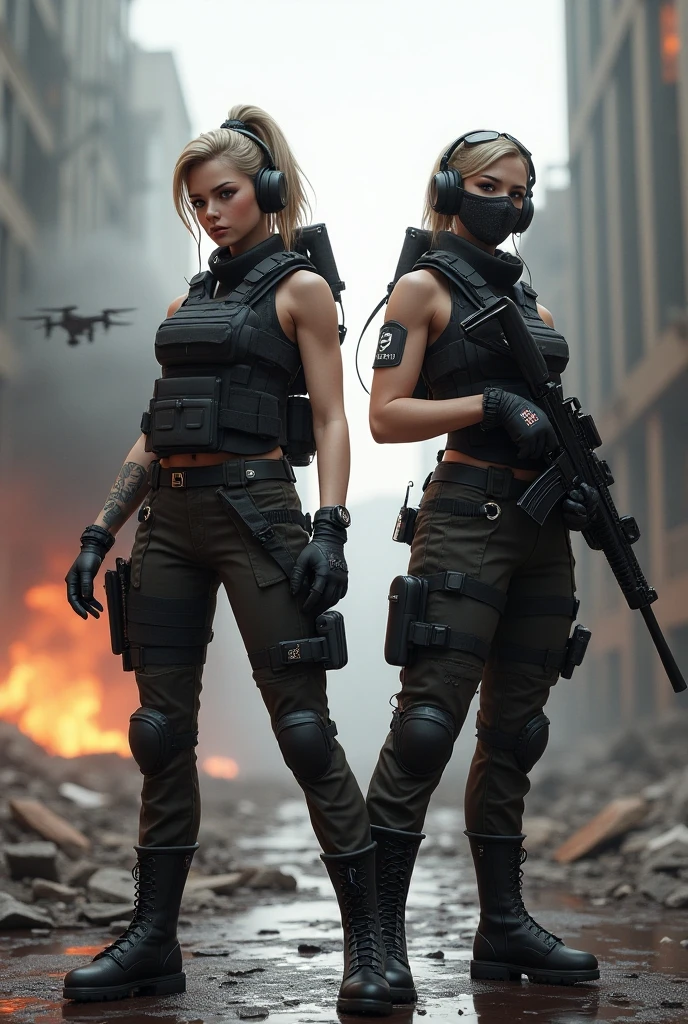 ((high quality)), ((masterpiece)), 8k, 2girls, bulletproof vest, light rays, extremely detailed CG unity 8k wallpaper, game cg, looking at viewer, gloves, boots, full body, watch, computer, mask, drone, holding weapon, headphones, jacket, bag, backpack,