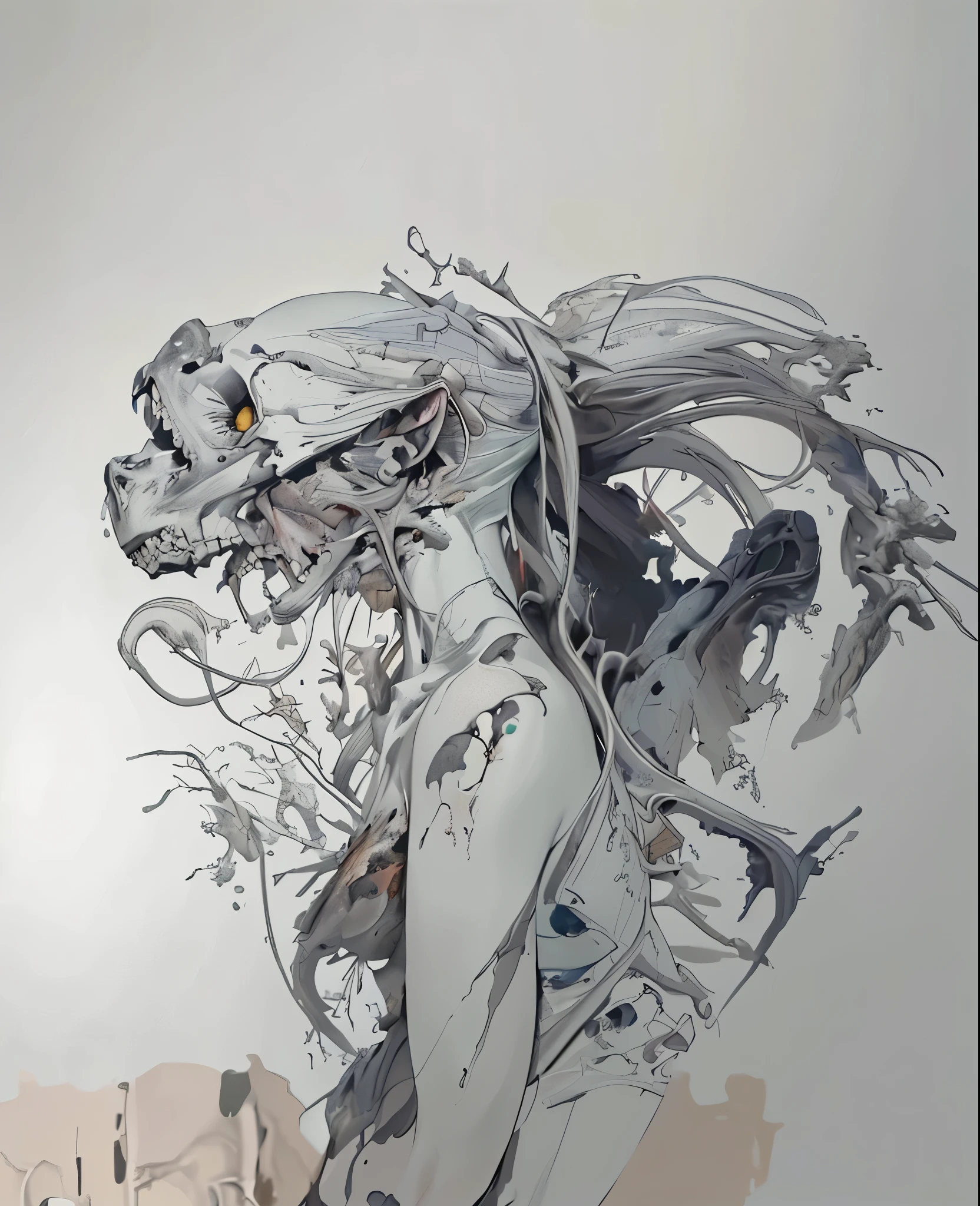 Character (white long hair) (white pale skin) (black witch-style clothing) (character in dynamic pose) (perspective angle) (full frame) (ethereal background) (warm vibes)
