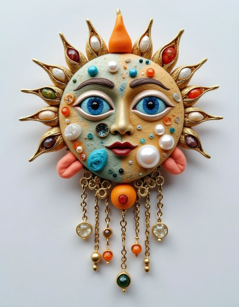 Product Design：medieval jewelry，baroque pearls and eye elements and gemstones，sun，moon，beeswax，amber，turquoise，coral，Felt，Retro， white background for the head only