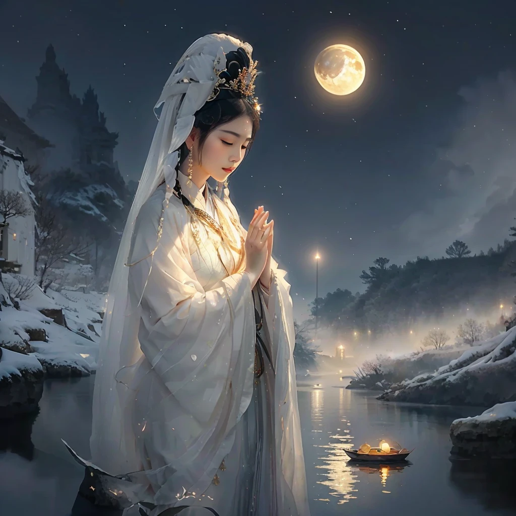 painting of a woman in a white dress standing next to a body of water, guanyin of the southern seas, guanyin, moon goddess, ancient chinese goddess, goddess of the moon, inspired by Tang Yin, lunar goddess, by Yang J, by Li Song, beautiful goddess, beautiful digital artwork, a beautiful fantasy empress, by Qu Leilei