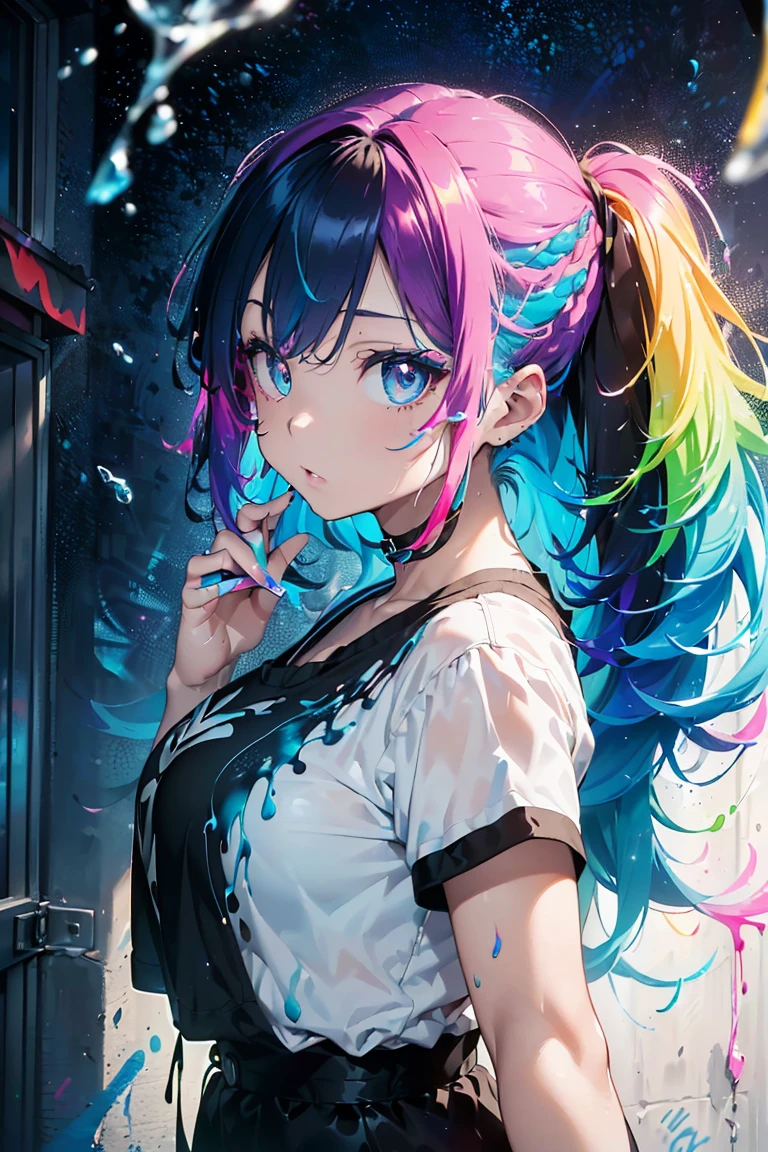 (best quality), ultra-detailed, super detailed skin, (smug expression), extremely detailed,8K,solo,1girl, detailed background,urban, 💫,⭐️,🌟,✨,night,dynamic angle,beautiful eyes,blash,smile,(streetwear:1.5),street style ,(emphasis splatter ),splatter,graffiti,spraycan,❤️,motion,navel,(croptop:0.8),(ear piercing:0.7), multicolored_hair,neon_color,gyaru,bigbreast,(cool),(HDR:1),wind
,(jitome:1.2),perfect hand,active,RETRO ART STYLE, NEON_POP ART STYLE, ART STYLE,(ears are perfectly hidden), fox_ear_fluff ,(fox_tail_fluff),Beautiful eyes, shining eyes, super detailed, perfect eyes, glowing eyes, close-up view of eyes,