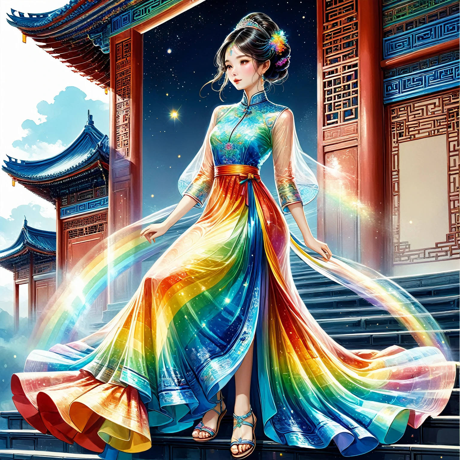 illustration of a woman Cosmic Rainbow coloured cheongsam, intrcate detailed embroidery, double bun, hair ornaments, sandal, Chinese Architecuture, Vivid contrast, gentle touch rendering, accurate detail, high detail, shining contours, precision, high-quality oil painting, stunningly beautiful touch rendering, fantasy,
