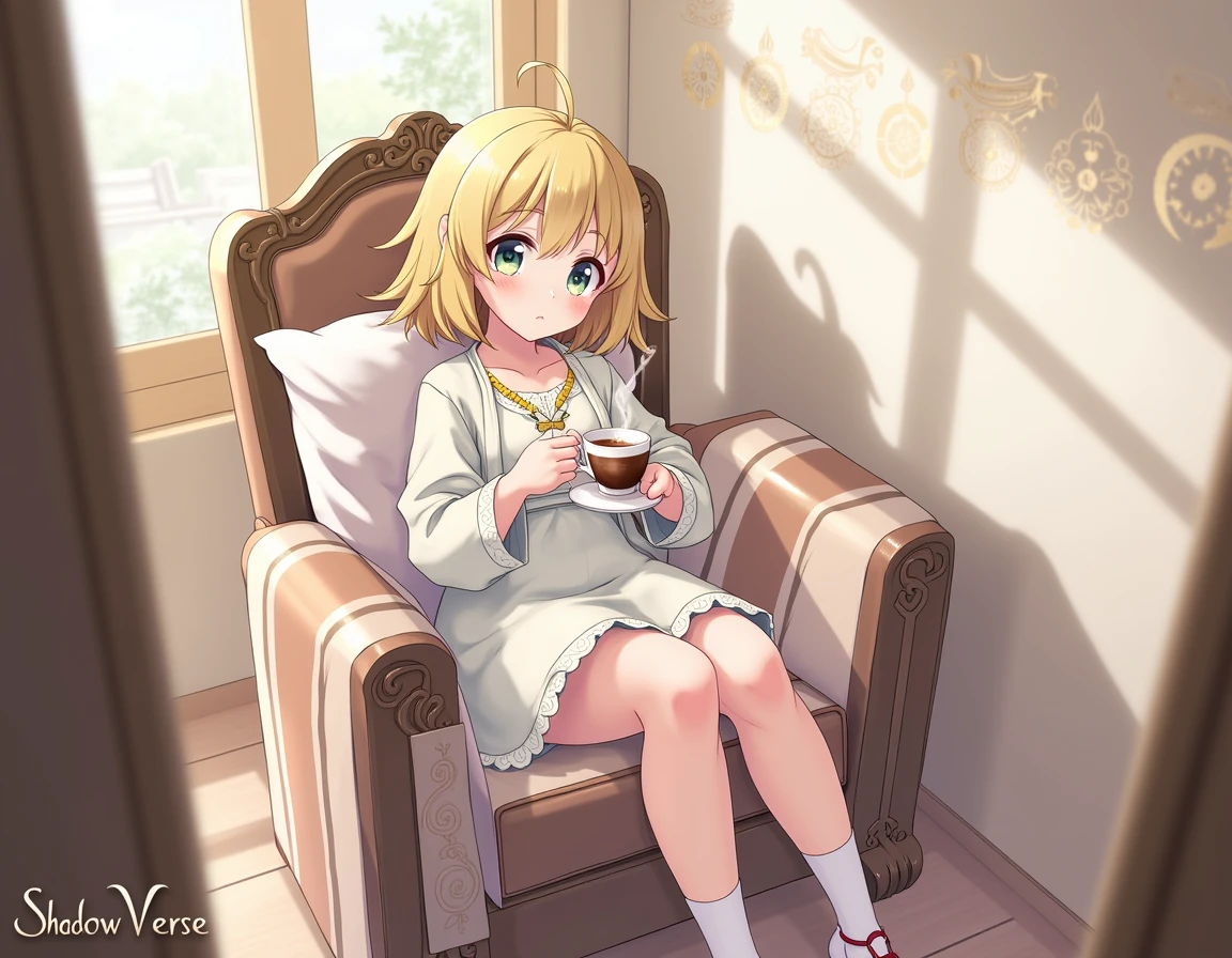 1girl, full body, armchair, bamboo, bangs, bare legs, barefoot, belt, blinds, breasts, coffee, coffee mug, collarbone, couch, crossed legs, cup, feet, grass, hair between eyes, holding, holding cup, indoors, leaf, short hair, light smile, happy, looking at viewer, ahoge, messy hair, mug, short skirt, palm tree, plant, potted plant, shirt, sitting, small breasts, soles, solo, steam, white shirt,
<lora:iwanagakotoko>