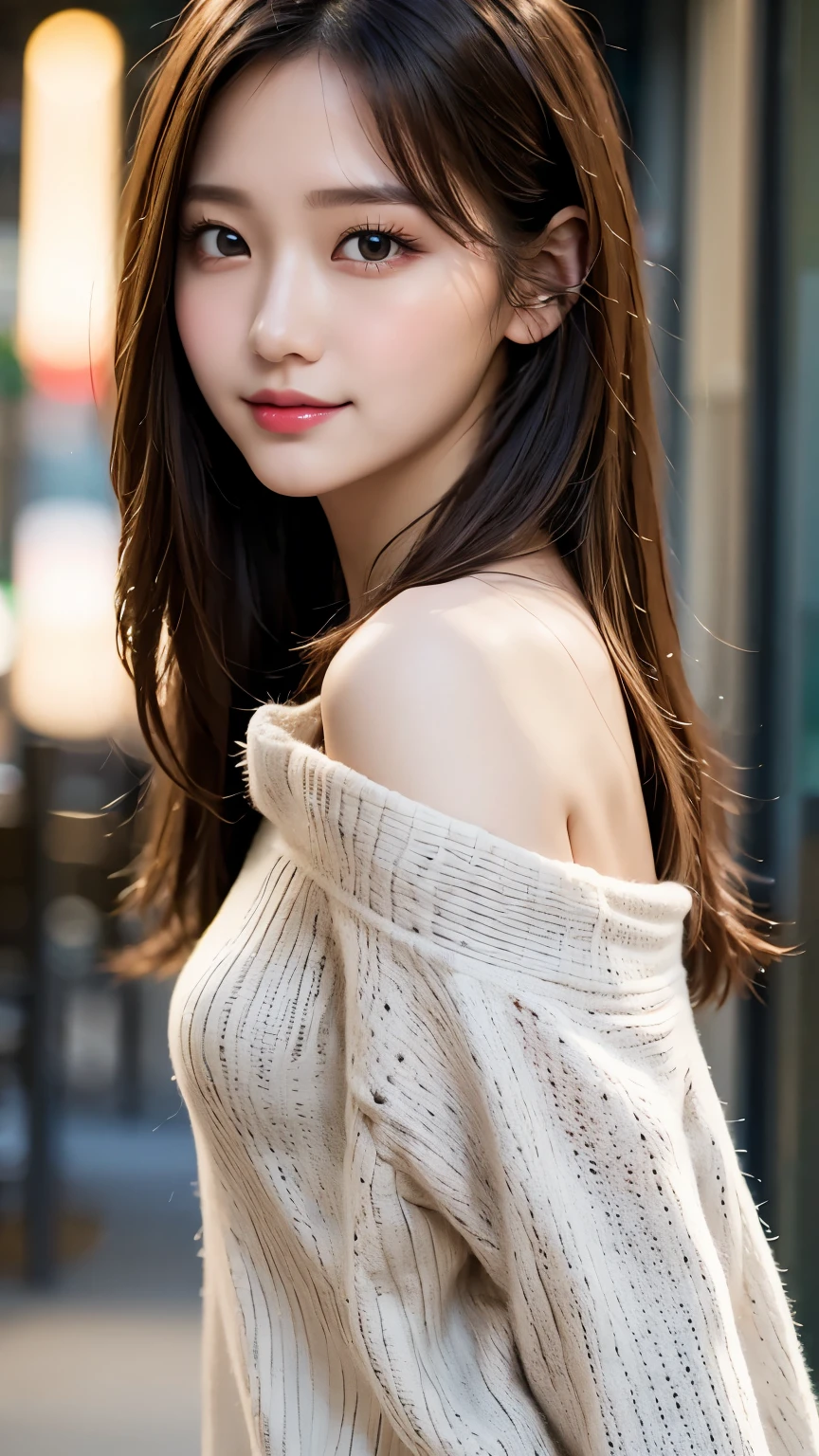 table top, highest quality, shape, Super detailed, finely, High resolution, 8k wallpaper, 完璧なダイナミックな構shape, finelyて美しい目, winter dress,medium hair, small breasts, natural color lip, random sexy pose,smile,big city、20 year old girl、midnight、beautiful and detailed face、perfect and beautiful face,Big eyes