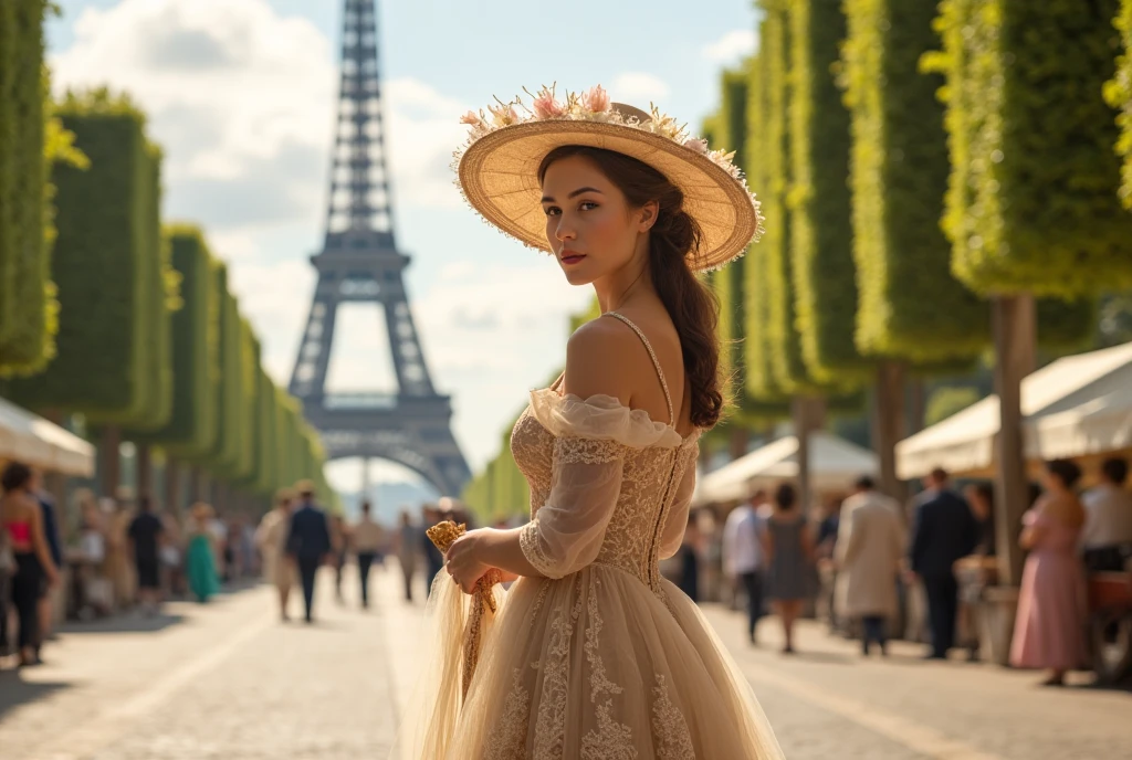 Beautiful elegant lady from the late 1800s in Paris at the Universal Exhibition, elegantly dressed in classy and expensive European fashion period clothes, hat and parasol. In the background the Eiffel Tower. Sunny spring day. Green tree-lined avenues along the Seine and old time horse-drawn carriages along the streets. People walking with late 19th century clothes. Warm and quiet atmosphere, pollen particles and dust make the setting magical and real. Very detailed and realistic full body shot.