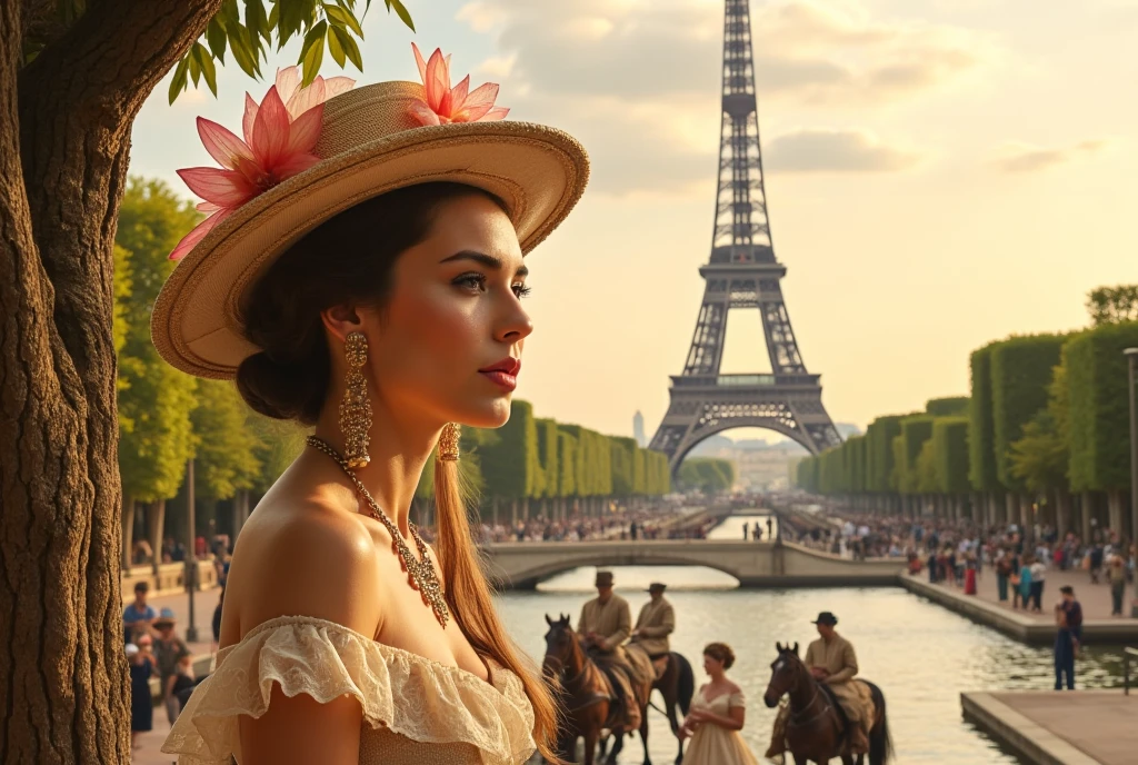 Beautiful elegant lady from the late 1800s in Paris at the Universal Exhibition, elegantly dressed in classy and expensive European 1800s clothes, hat and parasol. In the background the Eiffel Tower. Sunny spring day. Green tree-lined avenues along the Seine and old time horse-drawn carriages along the streets. People walking with European 1800s clothes. Warm and quiet atmosphere, pollen particles and dust make the setting magical and real. Very detailed  full body shot.