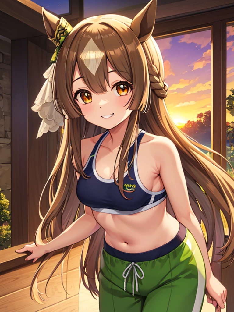 4K Works,Best Quality, Satono Diamond(Uma Musume),sports bra and hot pants、Clear hairstyle、Clear hairstyle、sunset、smile